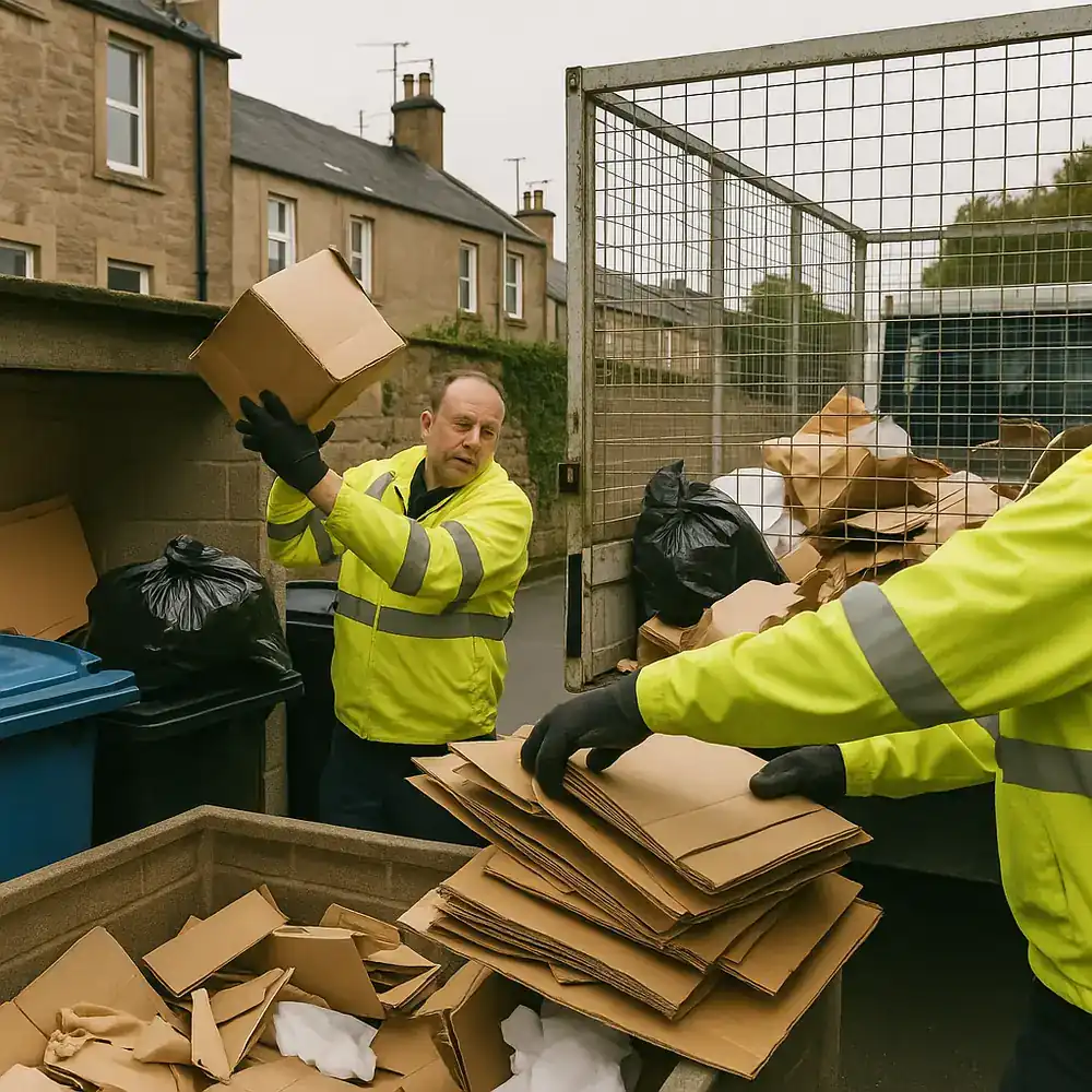 Cardboard and plastic packaging waste baled for recycling at a Scottish facility