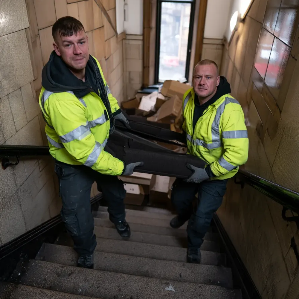 A tenement stair in Edinburgh being cleared of bulky items that will not fit a communal bin hub